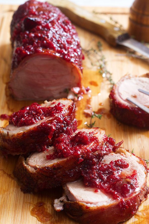 Roasted Bacon Pork Tenderloin with Cranberry Glaze - #recipe by #eatwell101 - https://www.eatwell101.com/bacon-honey-pork-tenderloin-mustard-cranberry-glaze-recipe