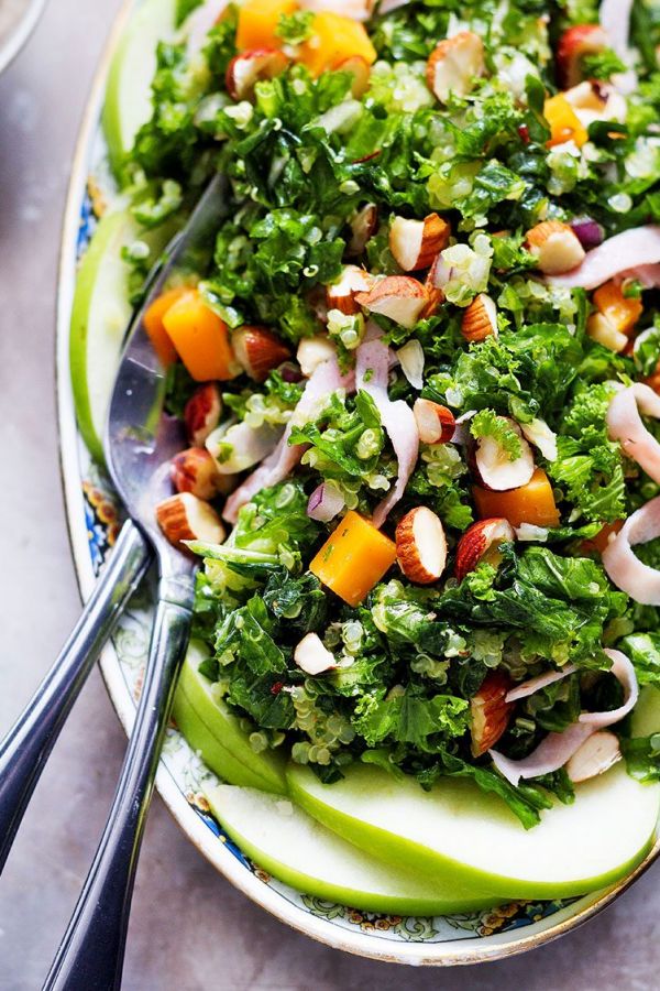 Kale Salad With Quinoa, Apples and Cheddar - #recipe by #eatwell101 - https://www.eatwell101.com/kale-quinoa-salad-recipe