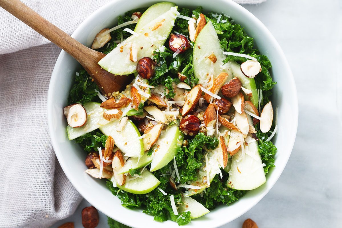 Kale Salad with Apple Almond Hazelnut and Apple Cider Dressing