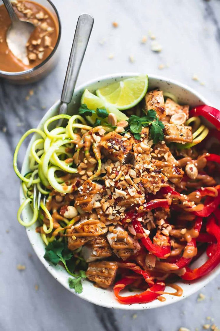 Thai Peanut Chicken And Zucchini Noodle Bowl