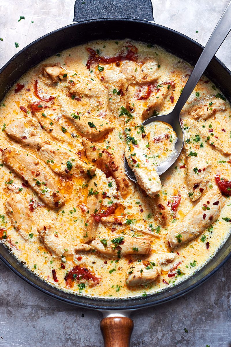 Skillet Creamy Chicken with Garlic Mozzarella Sun-Dried Tomato — Eatwell101