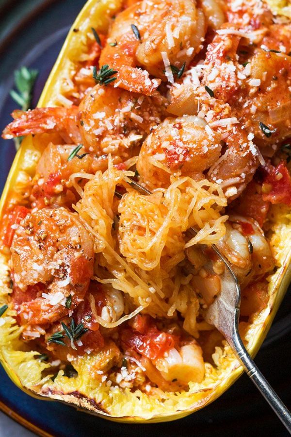 Creamy Tomato Shrimp with Spaghetti Squash - #recipe by #eatwell101 - https://www.eatwell101.com/stuffed-spaghetti-squash-shrimp-recipe