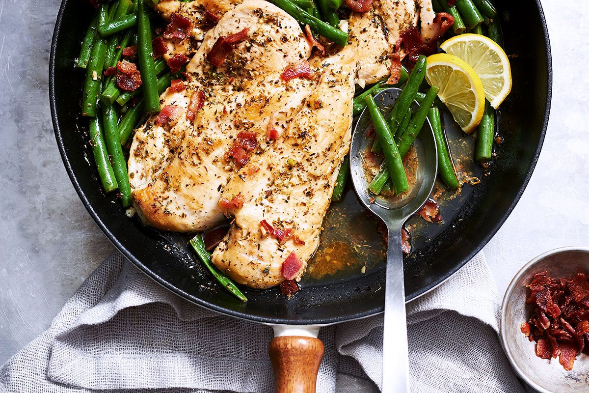Garlic Lemon Chicken Breasts with Bacon Green Beans