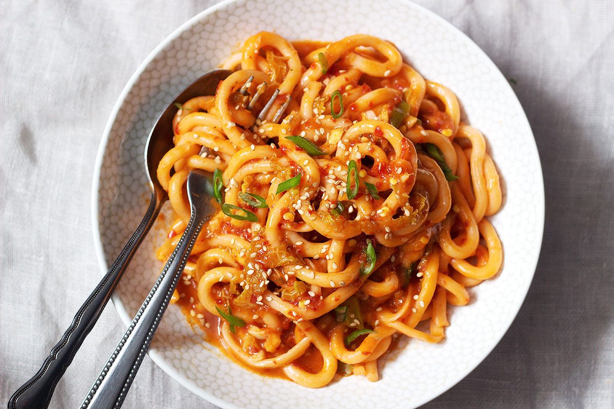 Udon Noodles Stir Fry with Kimchi Sauce