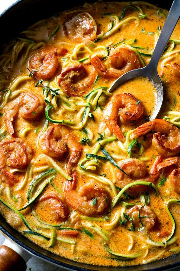 Zucchini Noodles with Shrimp Sauce - #recipe by #eatwell101 - https://www.eatwell101.com/zucchini-noodles-parmesan-shrimp