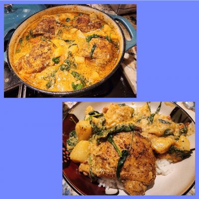 One Pan Chicken and Potatoes with Garlic Parmesan Spinach Cream Sauce