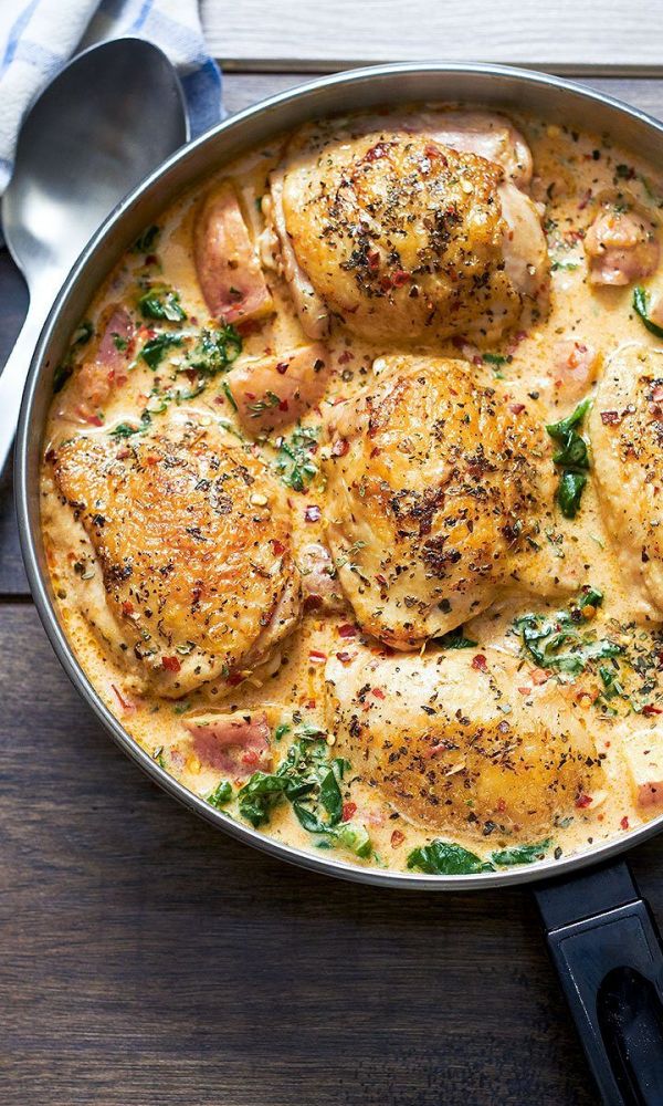 One Pan Chicken and Potatoes with Garlic Parmesan Spinach Cream Sauce