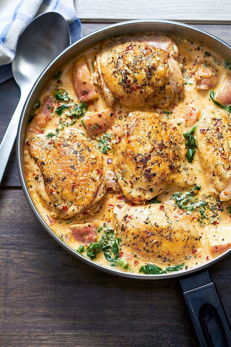 One Pan Chicken and Potatoes with Garlic Parmesan Spinach Cream Sauce