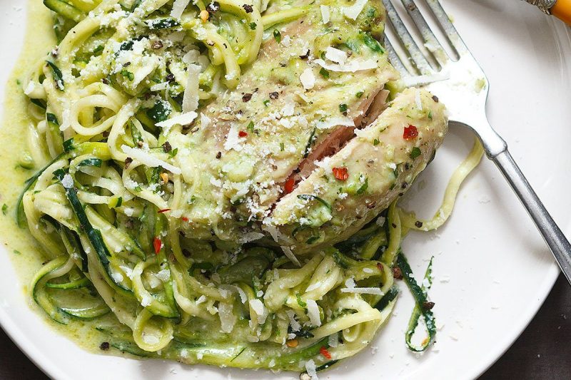 Creamy Pesto Chicken with Zucchini Noodles - #recipe by #eatwell101 - https://www.eatwell101.com/pesto-chicken-recipe