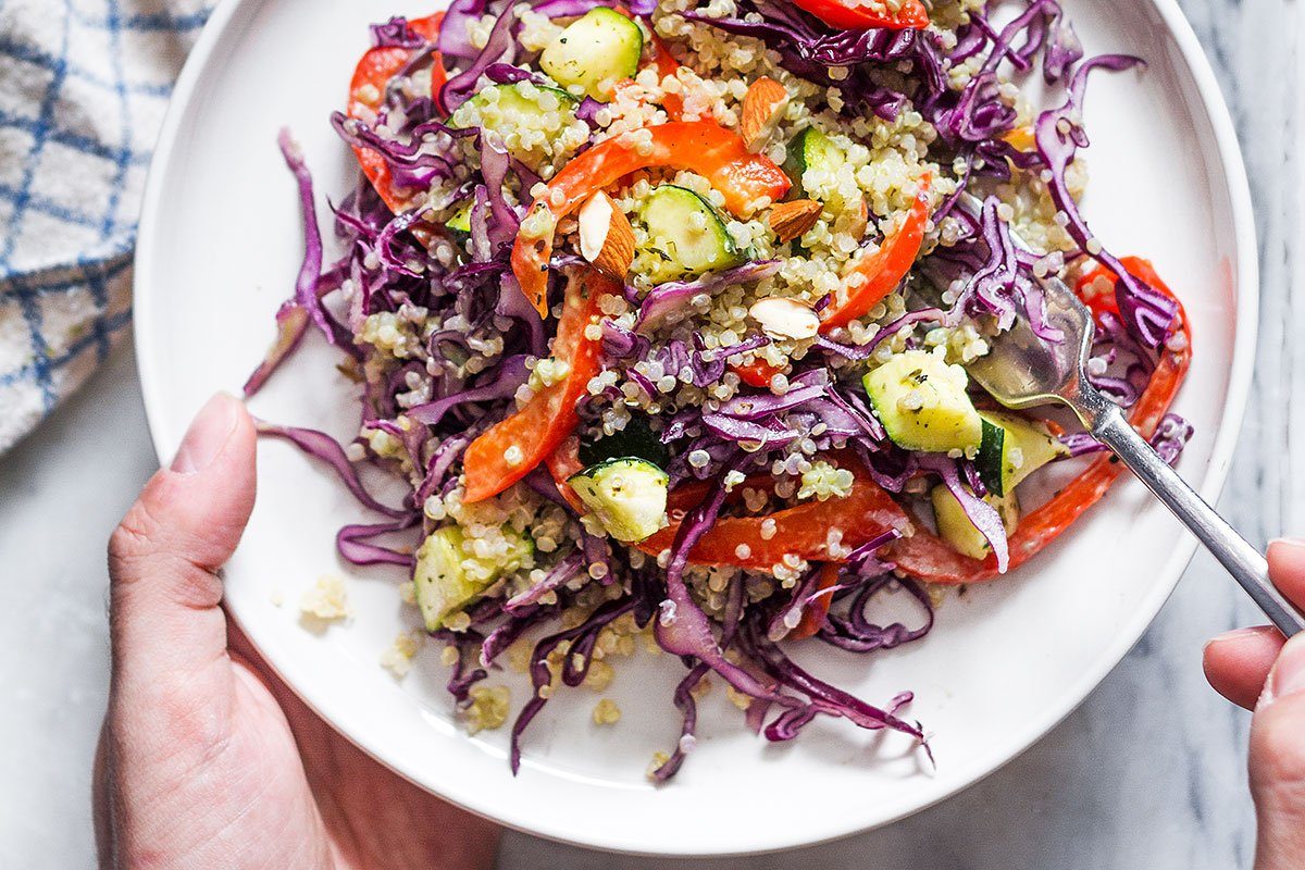 Rainbow Quinoa Salad with Avocado Cilantro Lime Dressing