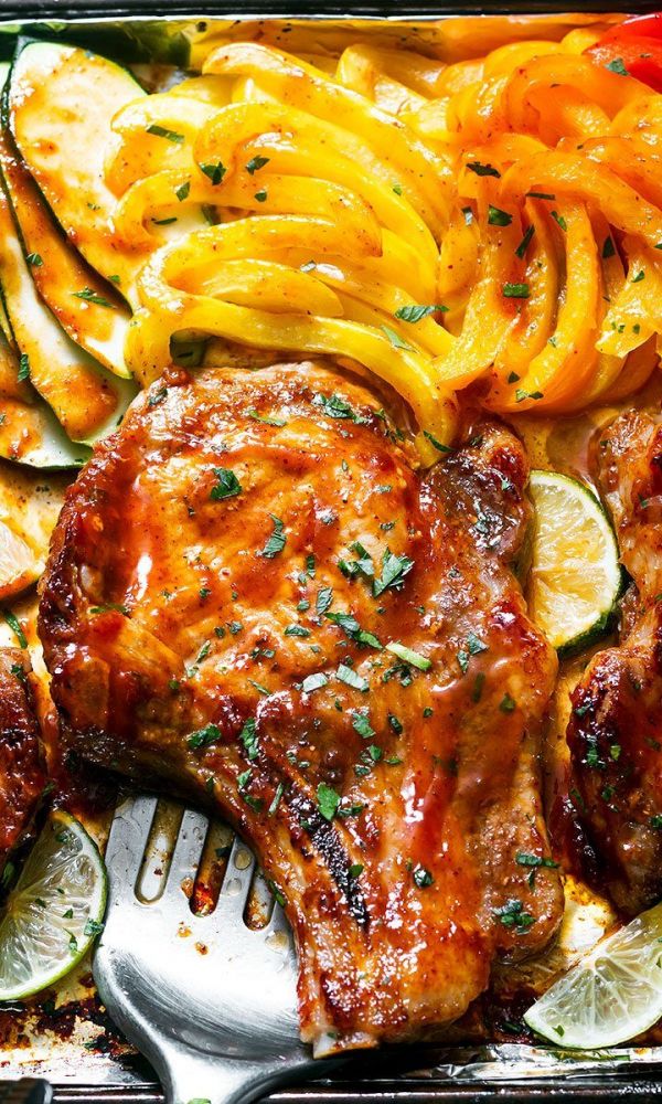 Baked BBQ Pork Chops with Zucchini and Peppers