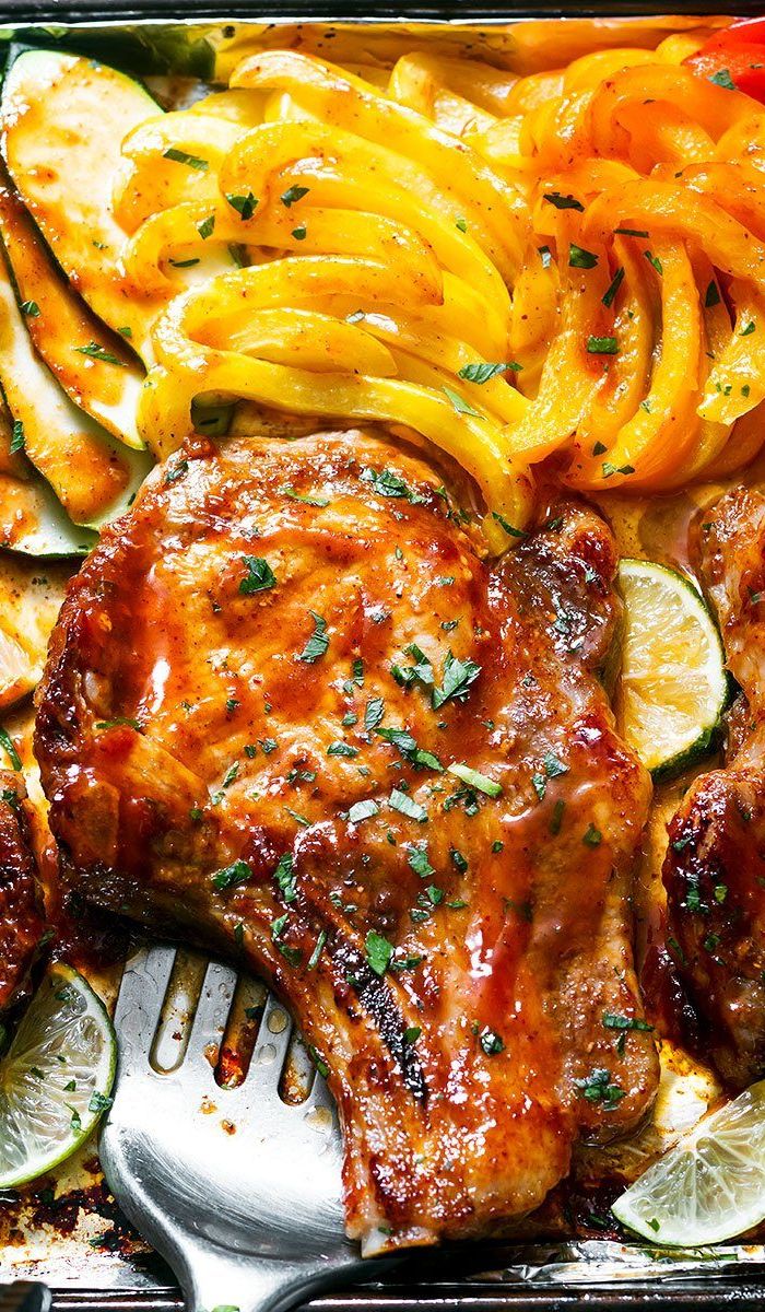 Baked BBQ Pork Chops with Zucchini and Peppers
