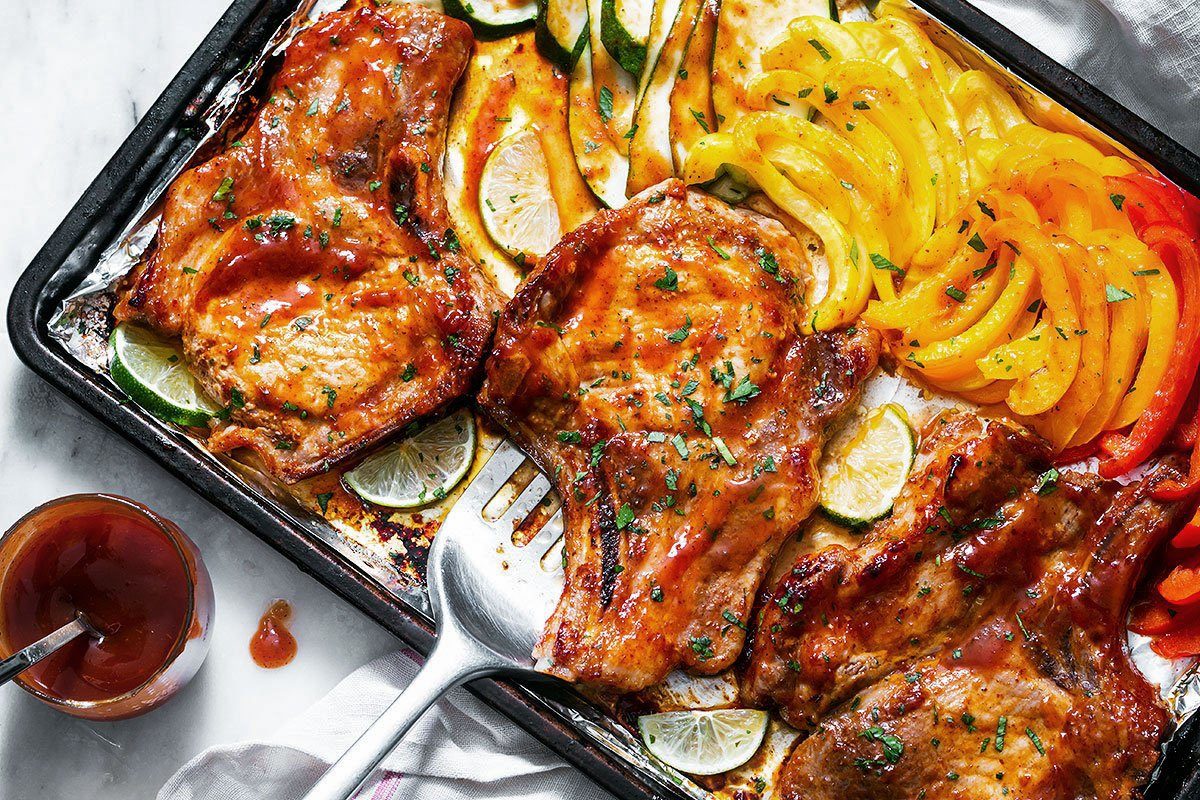 Baked BBQ Pork Chops with Zucchini and Peppers