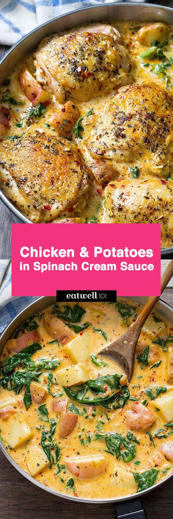 One Pan Chicken and Potatoes with #spinach Garlic Parmesan Cream Sauce  – #eatwell101 #recipe  Amazing flavors in just one skillet! The tastiest #Chicken and #Potatoes #dinner with #spinach #Garlic #Parmesan #Cream Sauce for any night of the week!