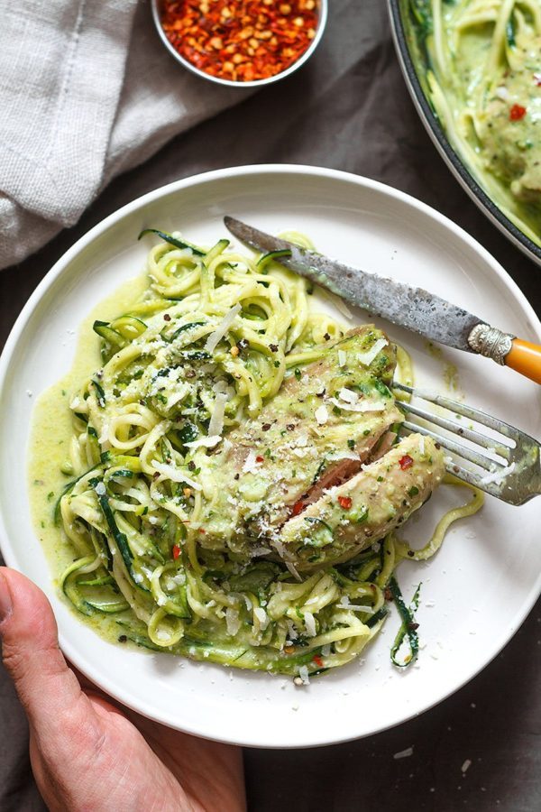 Creamy Pesto Chicken with Zucchini Noodles - #recipe by #eatwell101 - https://www.eatwell101.com/pesto-chicken-recipe