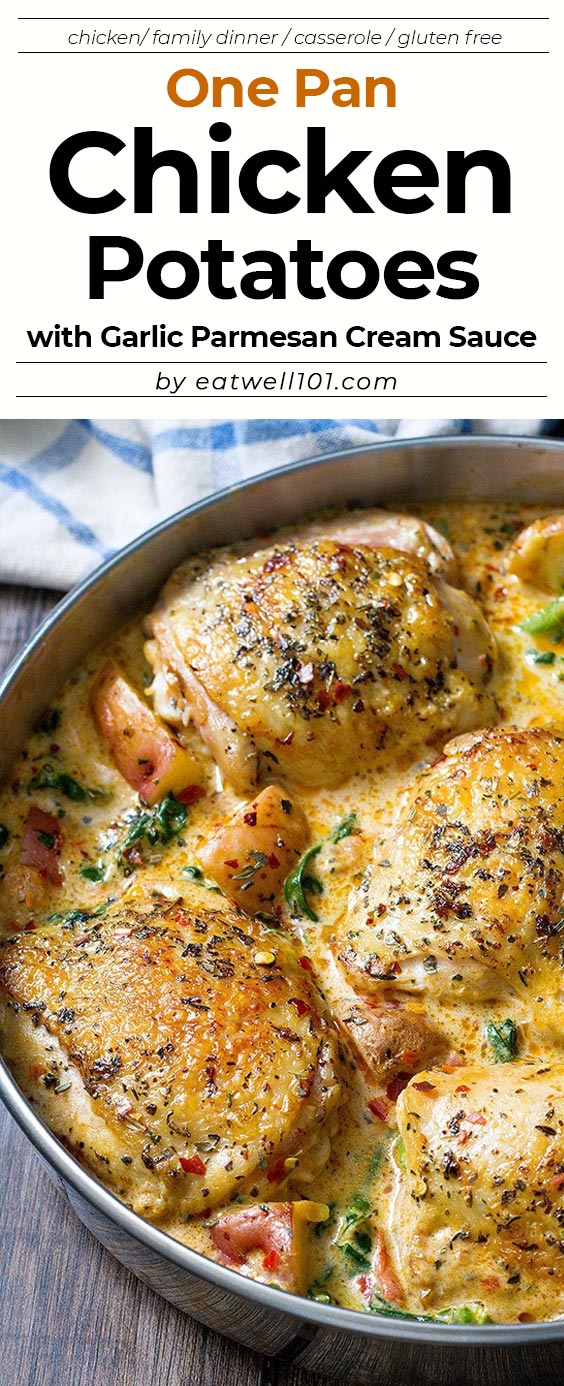 One Pan Chicken and Potatoes with Garlic Parmesan Cream Sauce  – #eatwell101 #recipe  Amazing flavors in just one skillet! The tastiest #Chicken and #Potatoes #dinner with #spinach Garlic #Parmesan #Cream Sauce for any night of the week!