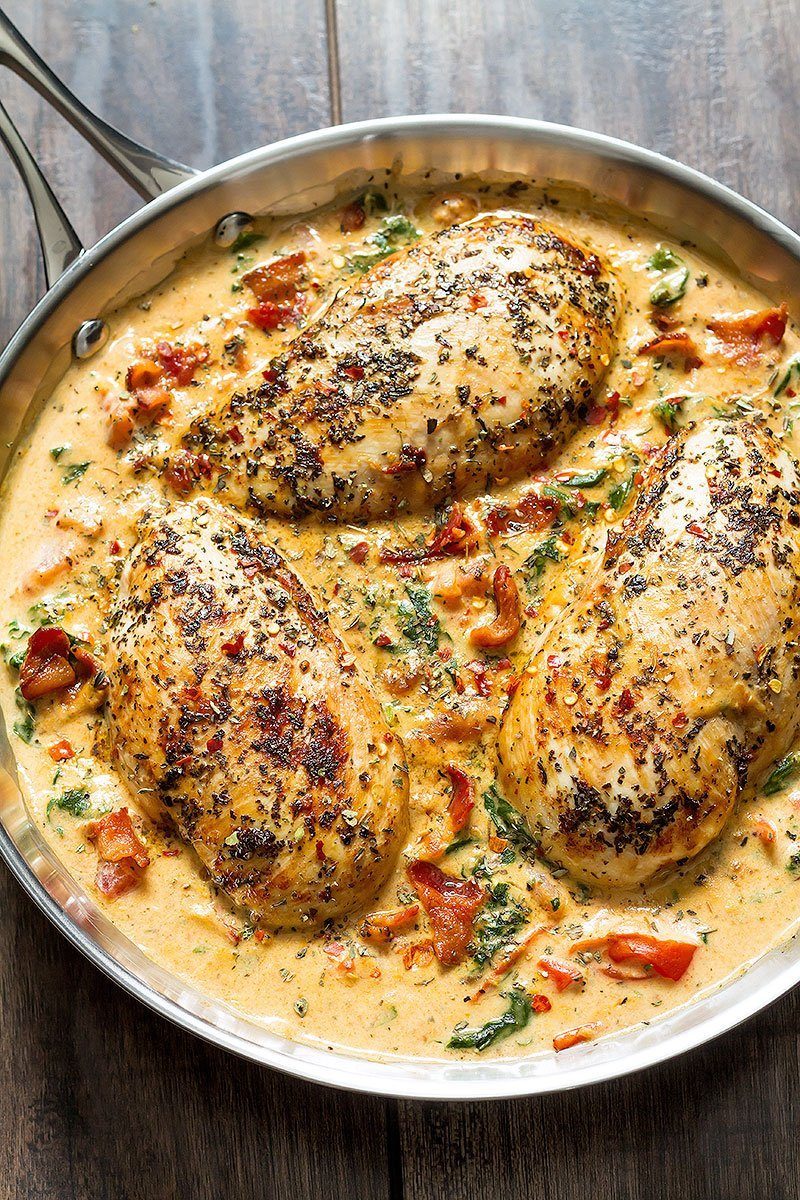 Chicken and Bacon Spinach in Tomato Mozzarella Cream Sauce — A nourishing dinner that pairs both chicken AND bacon!