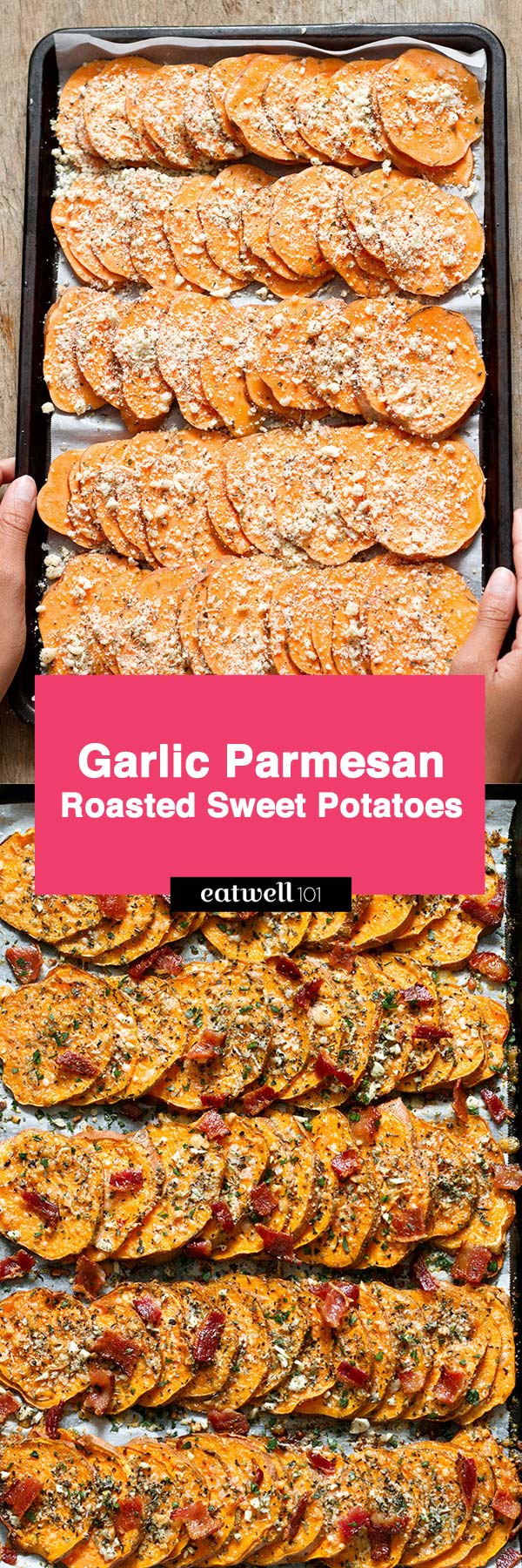 Garlic Parmesan Roasted Sweet Potatoes - #sweet-potato #recipe #eatwell101 - This roasted sweet potatoes recipe makes for a quick easy side for any occasion. You'll never wan to make roasted sweet potatoes differently!