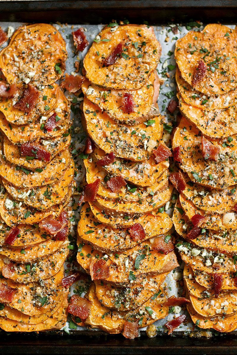 Roasted Sweet Potatoes Recipe with Garlic Parmesan and Bacon How to