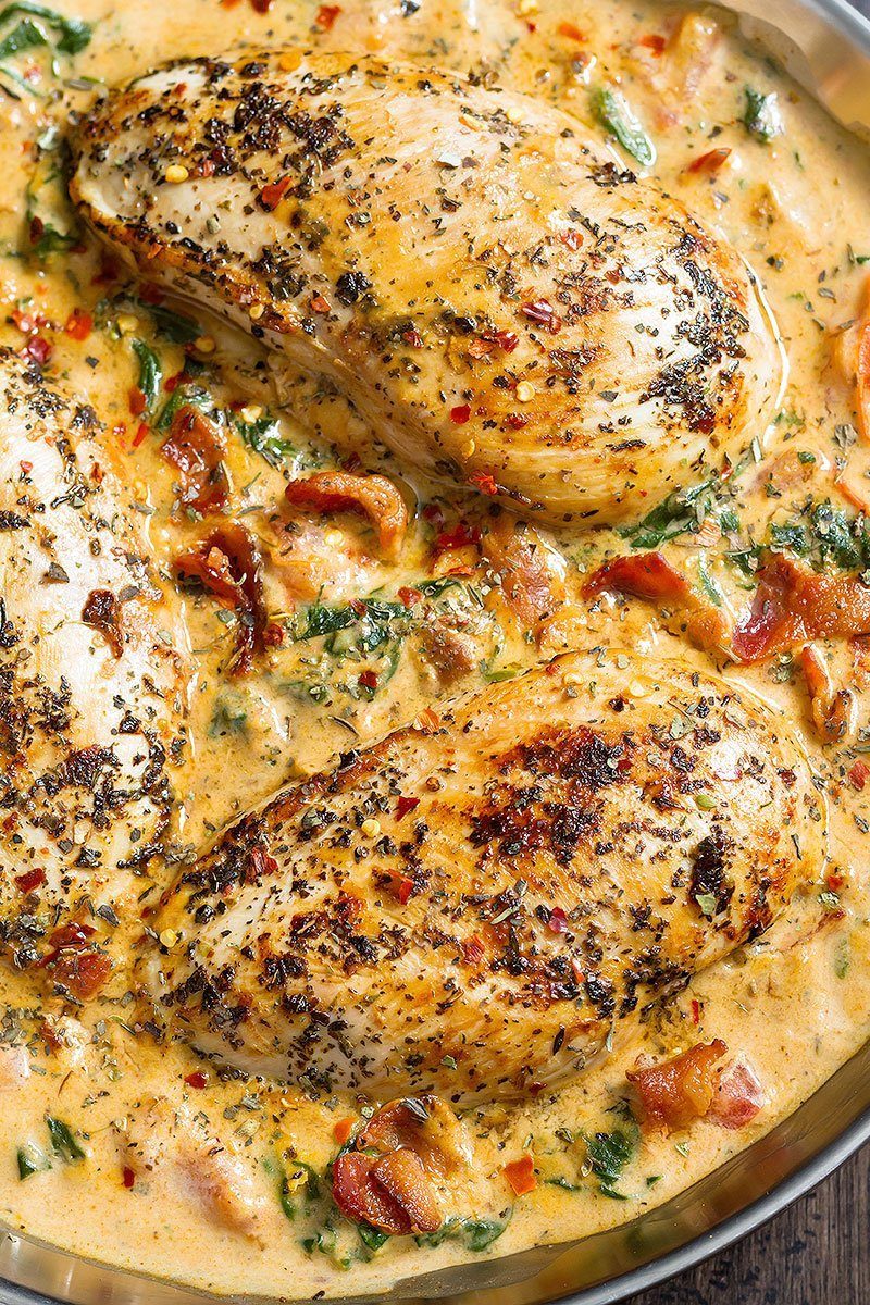 Chicken and Bacon Spinach in Tomato Mozzarella Cream Sauce — A nourishing dinner that pairs both chicken AND bacon!