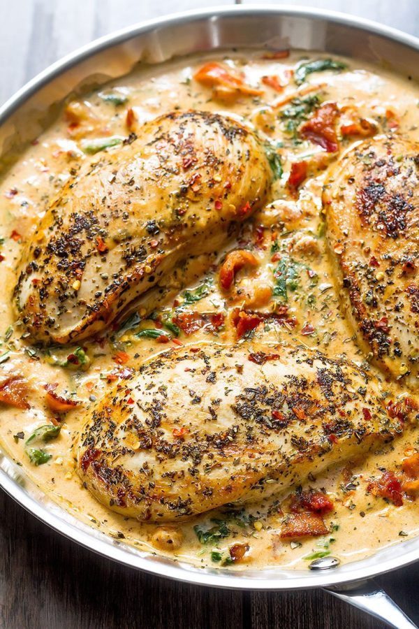 Creamy Chicken with Bacon and Spinach - #recipe by #eatwell101 - https://www.eatwell101.com/chicken-bacon-spinach-cream-sauce
