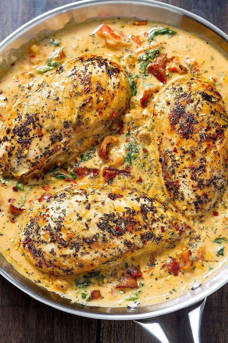 Chicken and Bacon Spinach in Tomato Mozzarella Cream Sauce — A nourishing dinner that pairs both chicken AND bacon!