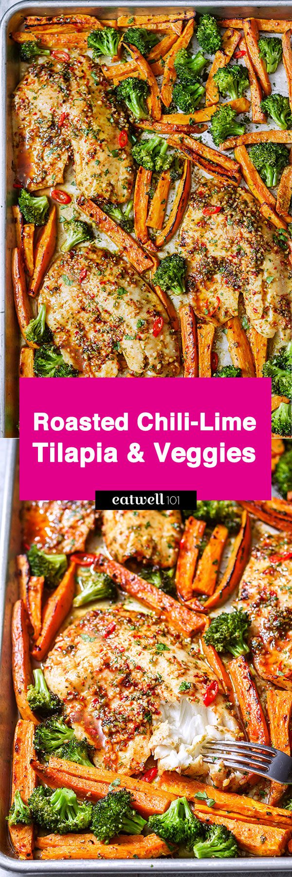Sheet-Pan Chili-Lime Tilapia Recipe with Veggies - #eatwell101 #recipe #fish #sheetpan #dinner - A super easy, quick, and healthy sheet-pan meal for busy weeknights!