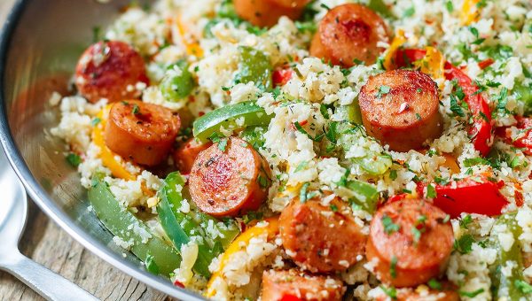 Sausage, Pepper and Cauliflower Fried Rice - #recipe by #eatwell101 - https://www.eatwell101.com/cauliflower-fried-rice-skillet-recipe