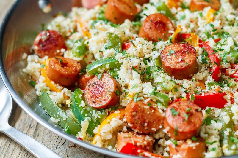 Sausage, Pepper and Cauliflower Fried Rice - #recipe by #eatwell101 - https://www.eatwell101.com/cauliflower-fried-rice-skillet-recipe