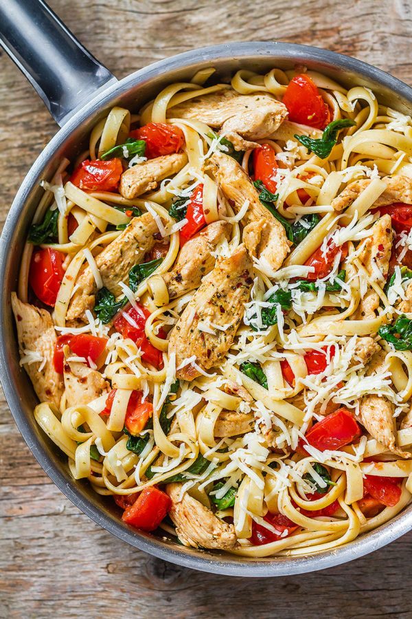 Tomato Spinach Chicken Pasta - #recipe by #eatwell101 - https://www.eatwell101.com/chicken-pasta-recipe-tomato-spinach