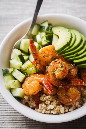 Honey-Garlic Shrimp and Quinoa Bowl with Avocado