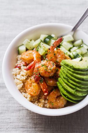 Honey-Garlic Shrimp and Quinoa Bowl with Avocado
