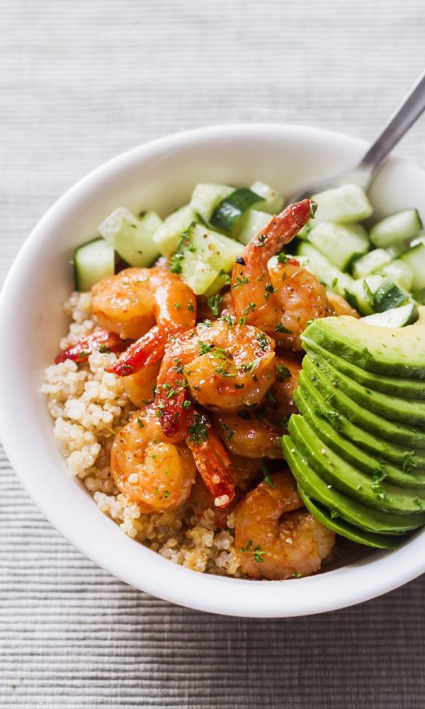 Honey-Garlic Shrimp and Quinoa Bowl with Avocado