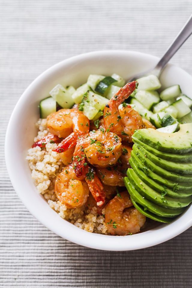 Honey-Garlic Shrimp and Quinoa Bowl with Avocado