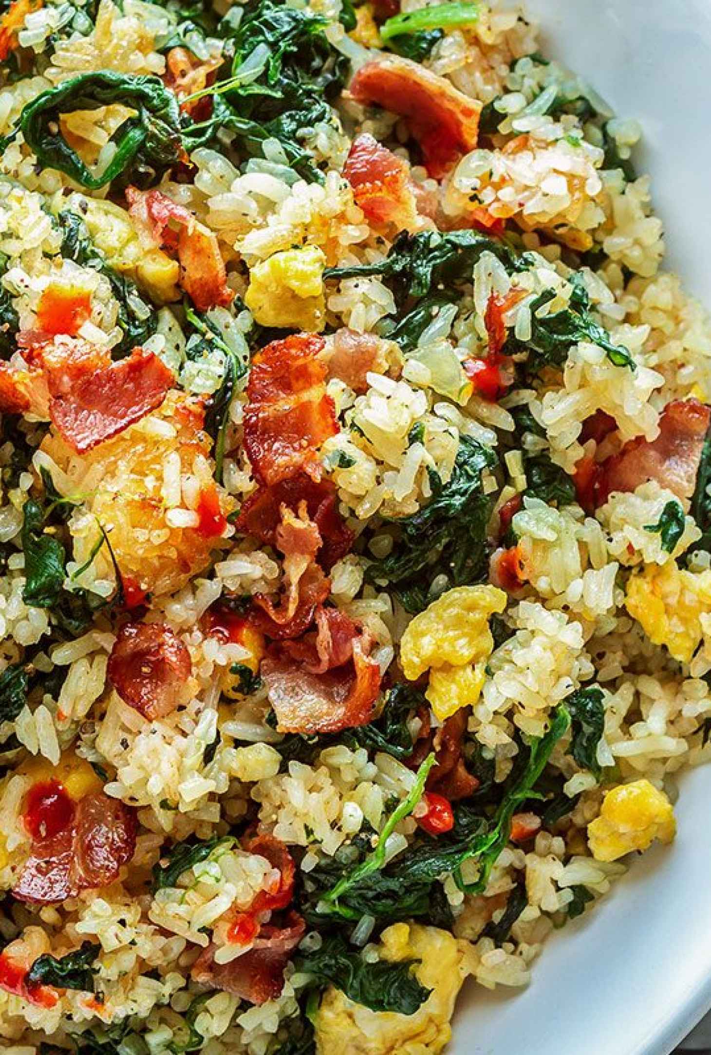 Bacon Egg and Spinach Fried Rice - #recipe by #eatwell101 - https://www.eatwell101.com/bacon-egg-spinach-fried-rice