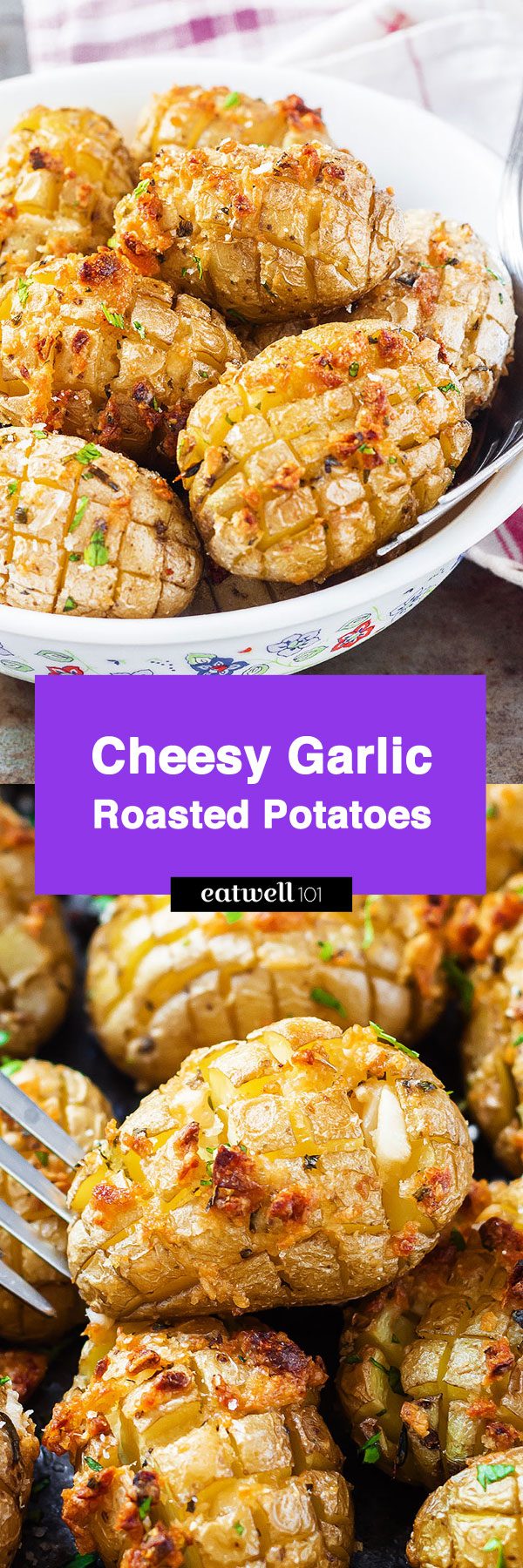 Cheesy Garlic Roasted Potatoes – Crunchy golden exteriors, soft and creamy inside. A great side dish to share with a crowd!