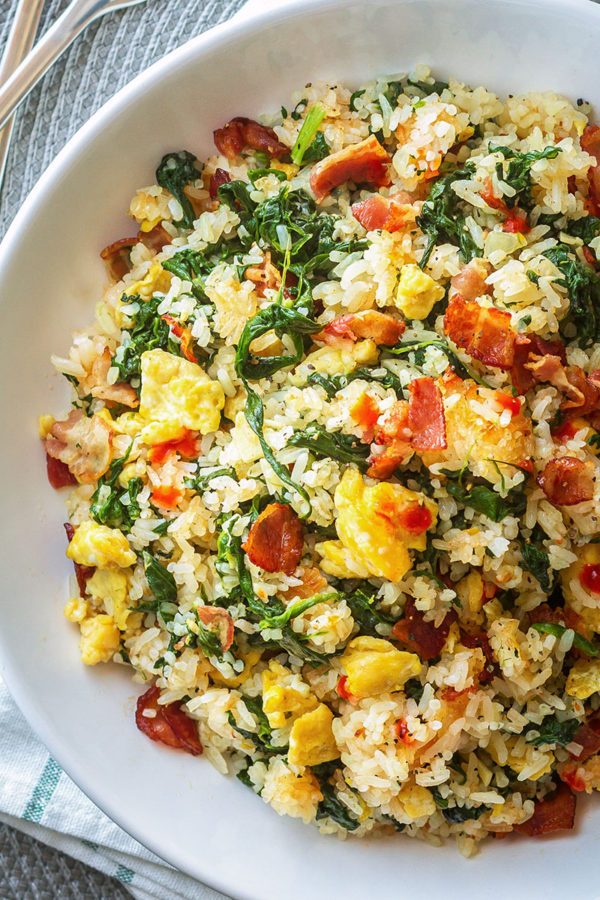 Bacon Egg and Spinach Fried Rice - #recipe by #eatwell101 - https://www.eatwell101.com/bacon-egg-spinach-fried-rice