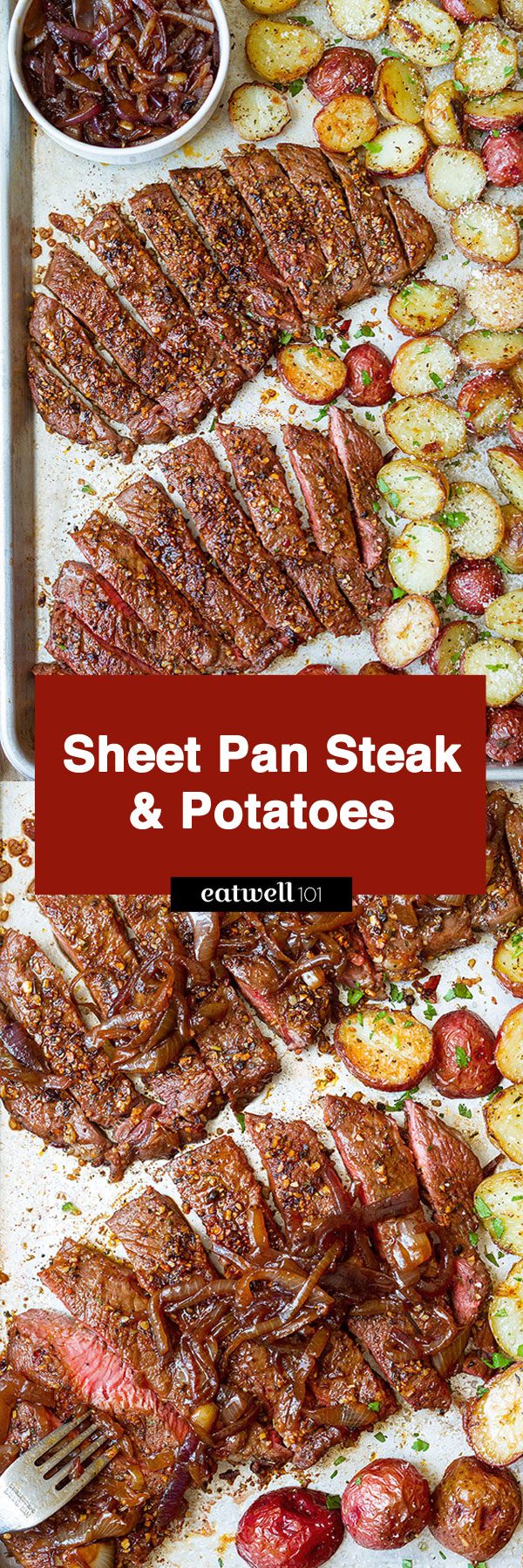 Sheet Pan Steak and Potatoes — #eatwell101 #recipe #steak #dinner - Perfectly seasoned, melt-in-your-mouth tender steak and crisp cheesy potatoes — An easy dinner ready in less than an hour!
