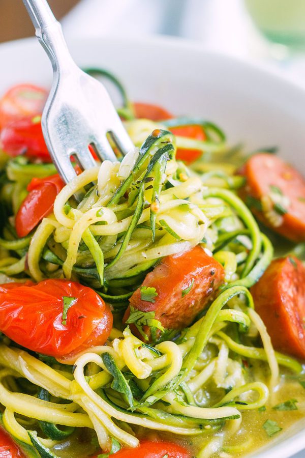 One-Pot Smoked Sausage and Zucchini Noodles - #recipe by #eatwell101 - https://www.eatwell101.com/smoked-sausage-zucchini-noodles