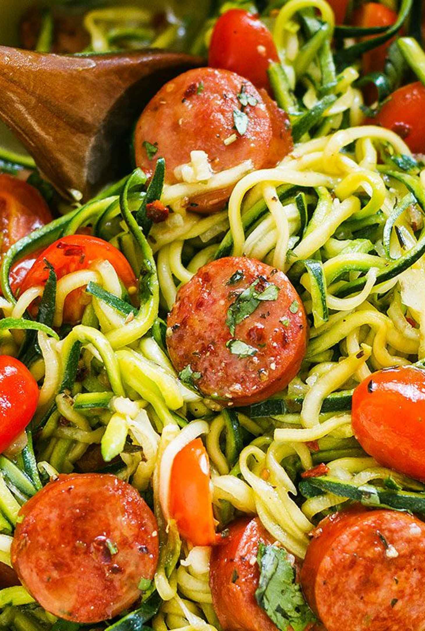 One-Pot Smoked Sausage and Zucchini Noodles - #recipe by #eatwell101 - https://www.eatwell101.com/smoked-sausage-zucchini-noodles