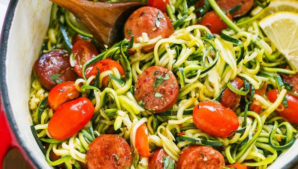 One-Pot Smoked Sausage and Zucchini Noodles - #recipe by #eatwell101 - https://www.eatwell101.com/smoked-sausage-zucchini-noodles