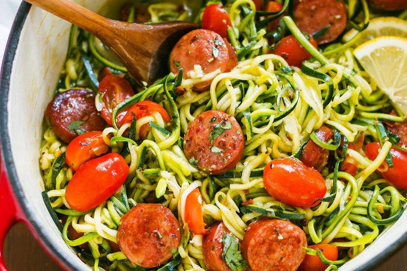 One-Pot Smoked Sausage and Zucchini Noodles - #recipe by #eatwell101 - https://www.eatwell101.com/smoked-sausage-zucchini-noodles