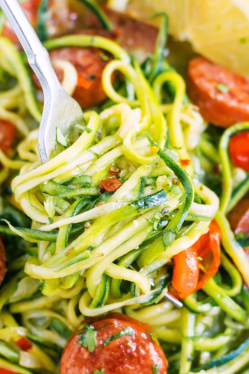 One-Pot Smoked Sausage and Zucchini Noodles — A quick and hearty meal on it’s own, ideal if you're on a low-carb or paleo diet.