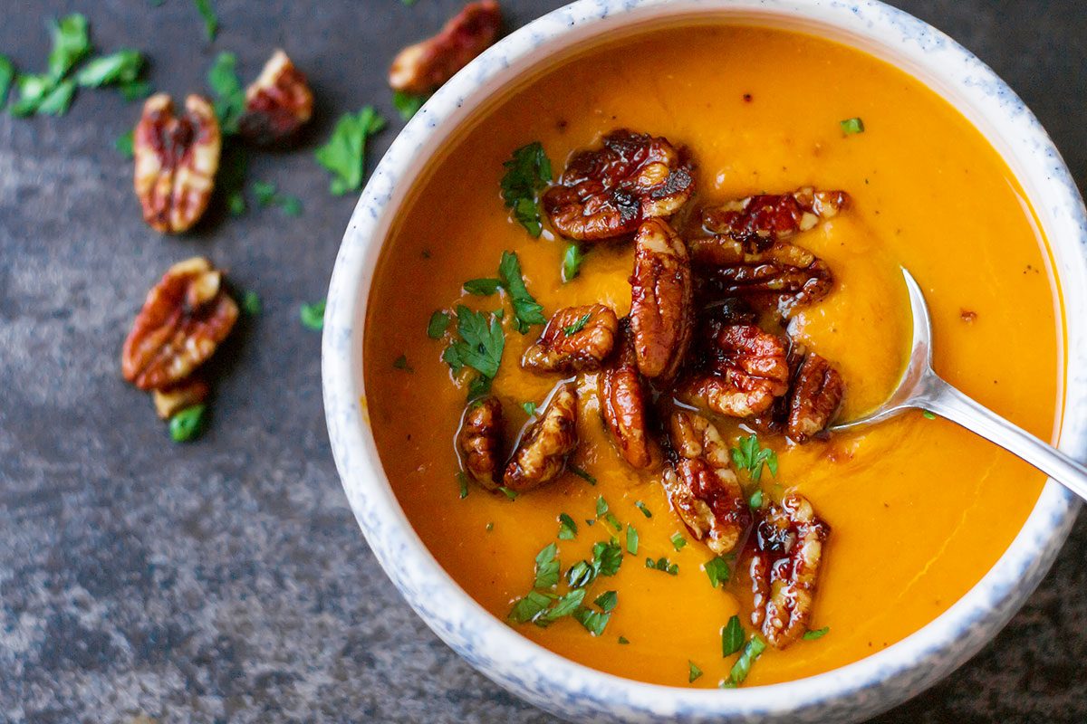 Creamy Carrot Soup with Caramelized Pecans