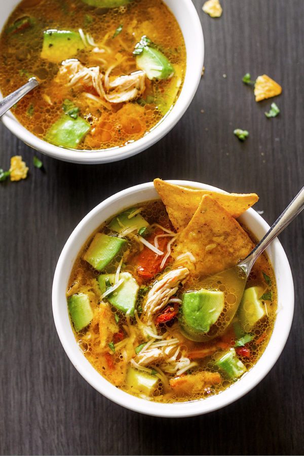 Sun-Dried Tomato Chicken Tortilla Soup - #recipe by #eatwell101 - https://www.eatwell101.com/slow-cooker-chicken-tortilla-soup