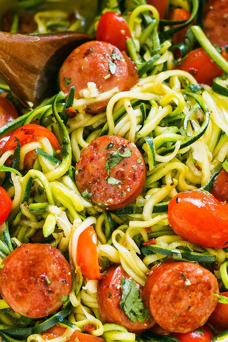 One-Pot Smoked Sausage and Zucchini Noodles — A quick and hearty meal on it’s own, ideal if you're on a low-carb or paleo diet.