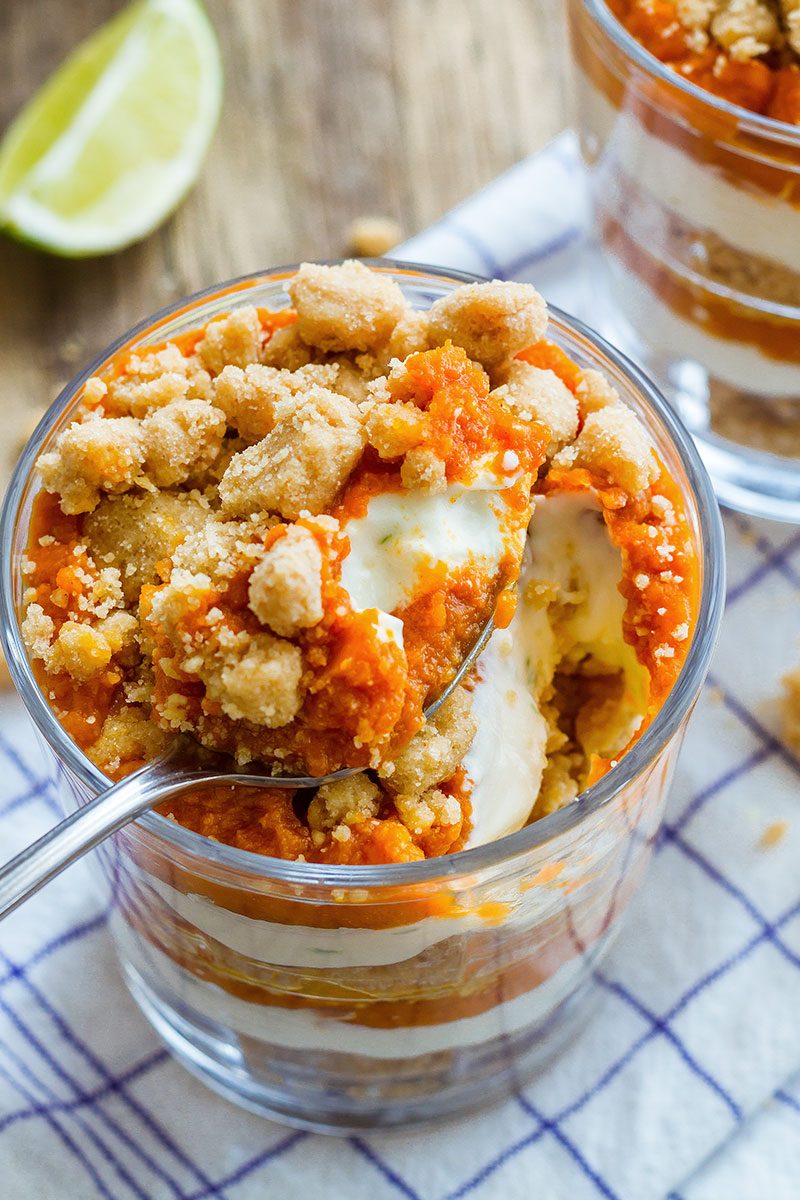 Pumpkin Pie Parfaits with Crumble Topping — A super easy Fall dessert that tastes just like pumpkin pie.