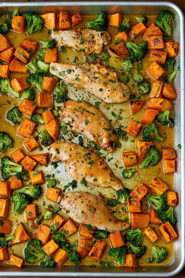 Sheet-Pan Maple-Glazed Chicken with Sweet Potatoes - #recipe by #eatwell101 - https://www.eatwell101.com/sheet-pan-maple-glazed-chicken-recipe