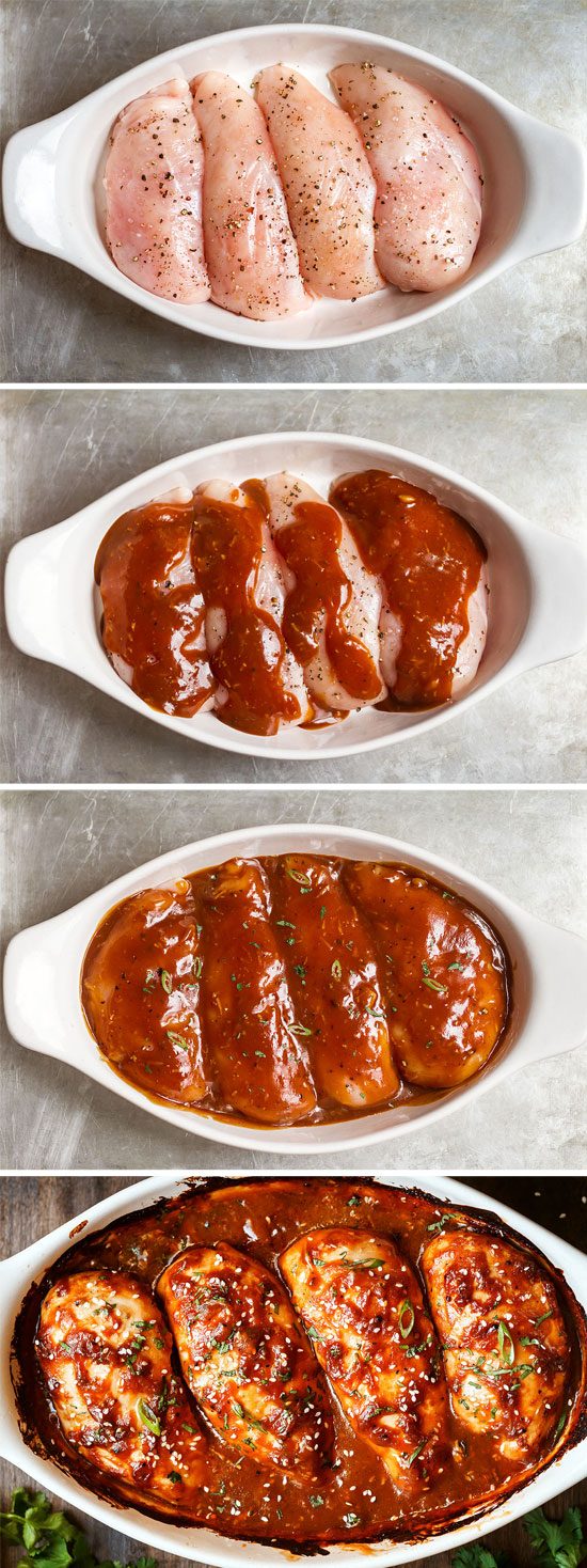 Baked Chicken Breasts with Sticky Honey Sriracha Sauce — Bursting with flavor and perfectly juicy. Say goodbye to bland, and dry oven baked chicken!