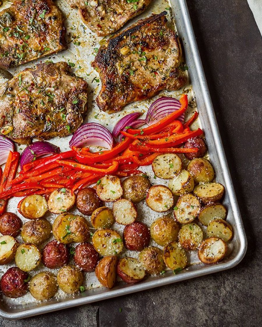 Sheet Pan Pork Chops and Potatoes - #recipe by #eatwell101 - https://www.eatwell101.com/sheet-pan-pork-chops-in-oven